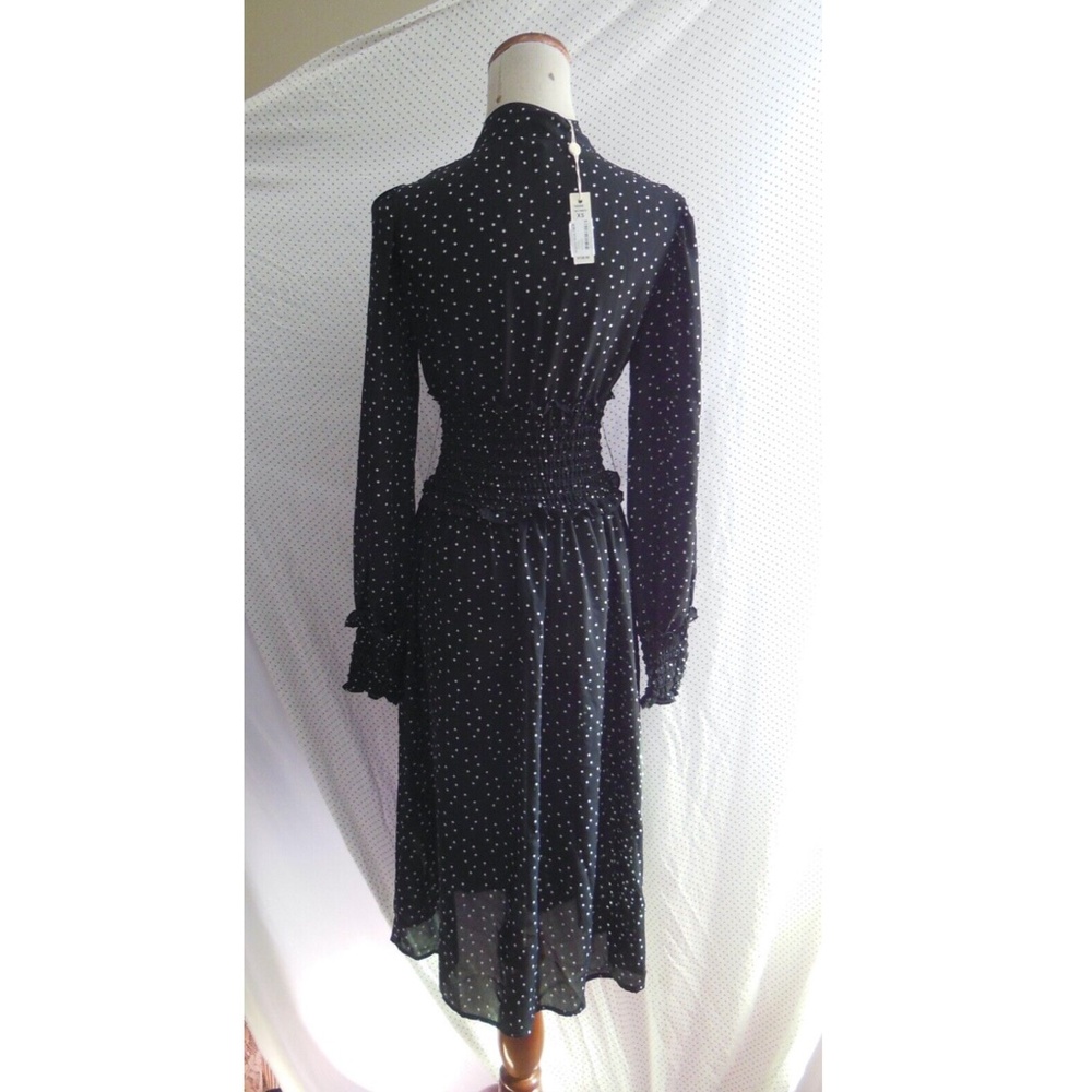NEW MAX STUDIO Black CHIFFON Smocked Waist POLKA DOT Neck Tie MIDI DRESS XS - Picture 7 of 11